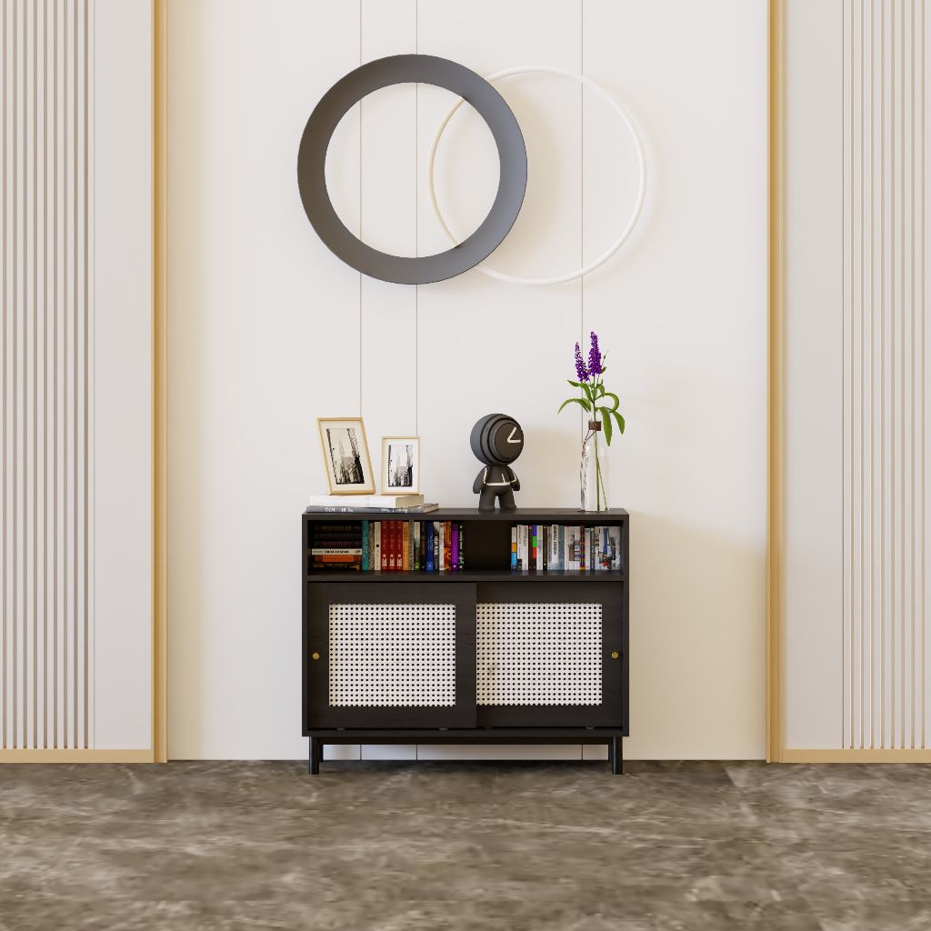 HAPPY FURNITURE , Tủ đựng đồ 2 cánh lùa chân sắt - ROTAN , TCL_033 , 100cm x 34cm x 80cm