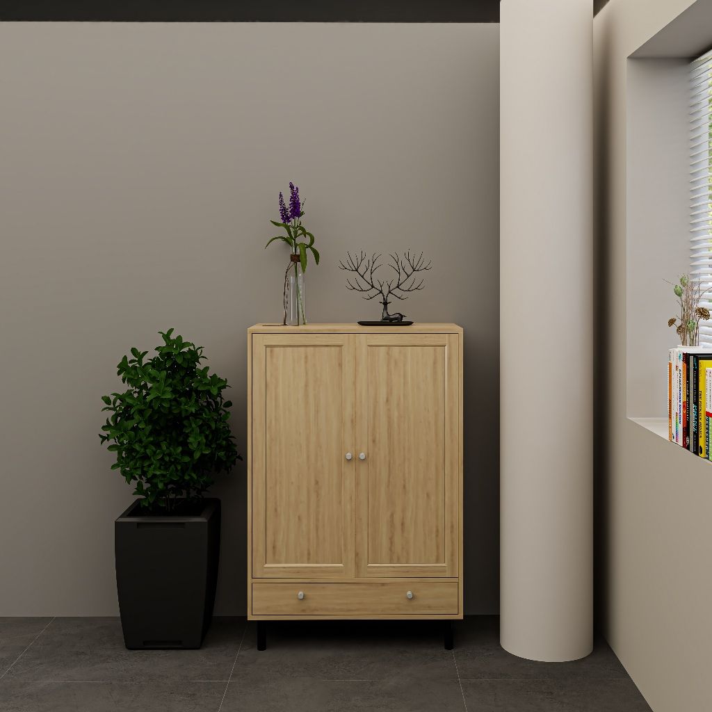 HAPPY FURNITURE , Kệ sách 3 tầng 2 cửa mở chân sắt - CATY , KSA_057, 80cm x 39cm x 120cm