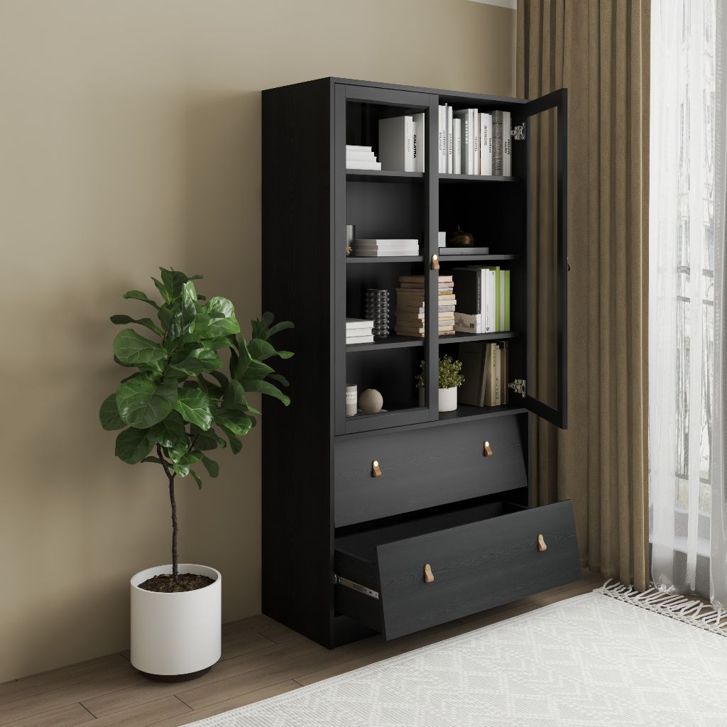 HAPPY FURNITURE , Kệ sách cửa kính 2 ngăn kéo - CALYN , KSA_107 , 90cm x 39cm x 176cm DxRxC