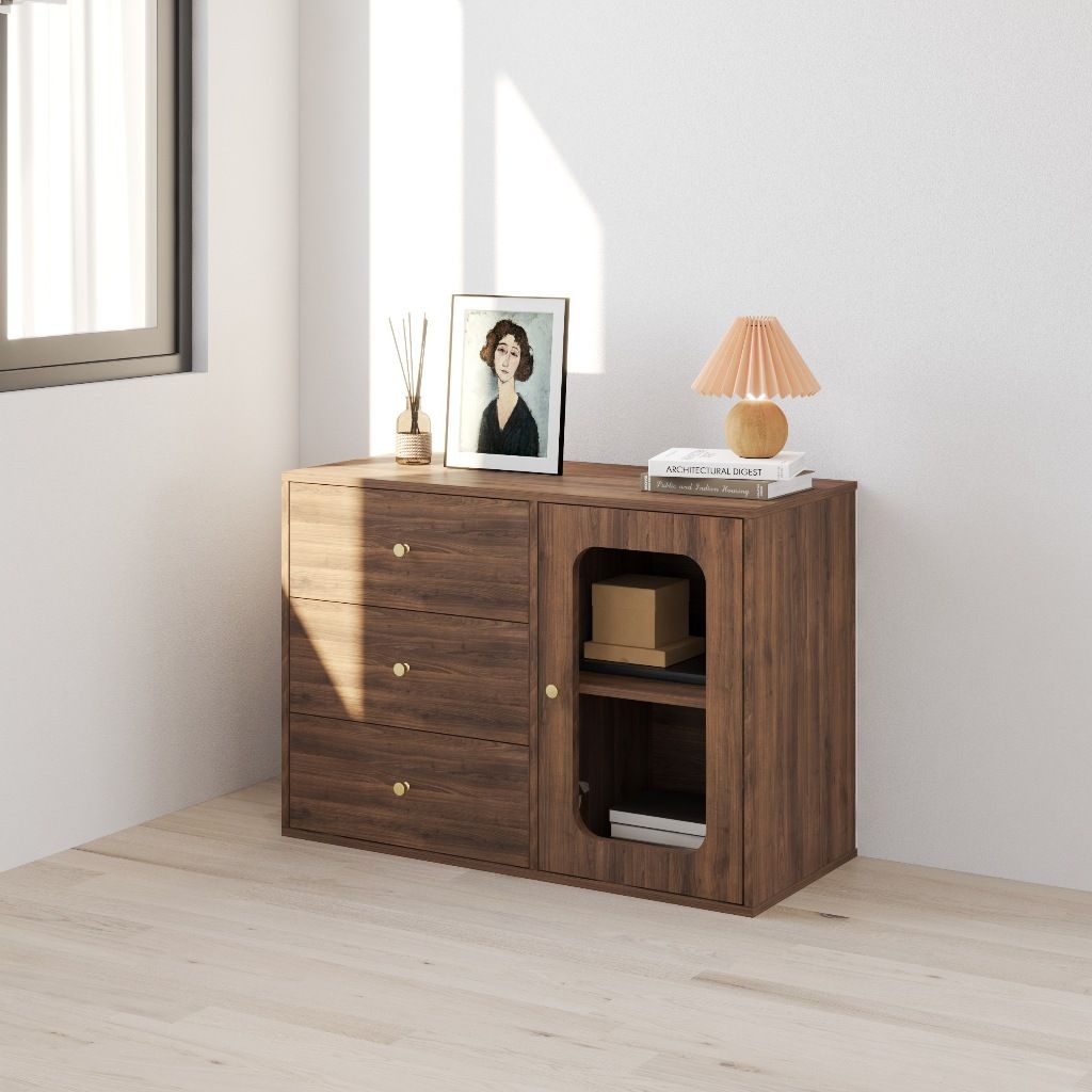 HAPPY FURNITURE , Tủ lưu trữ 1 cửa kính 3 ngăn kéo - NOAH , TLT_066 , 100cm x 45cm x 70cm DxRxC