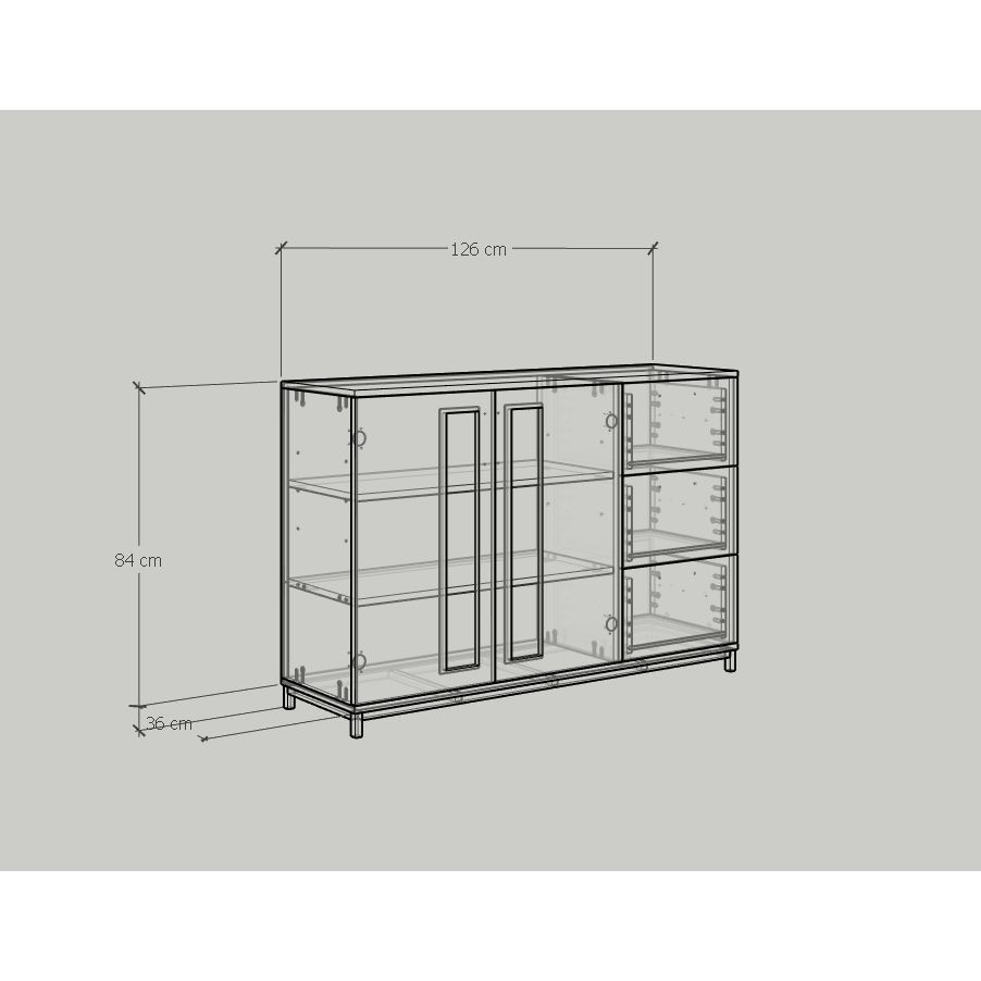 HAPPY FURNITURE , Tủ lưu trữ 3 ngăn kéo 2 cửa mở chân sắt - LOUIS , THK_058 , 126cm x 36cm x 84cm
