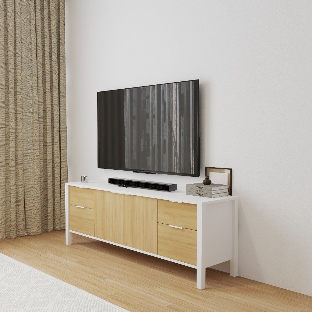 HAPPY FURNITURE , Kệ TV 2 cửa mở 4 ngăn kéo - MOKA, KTV_075 , 160cm x 40cm x 56cm DxRxC