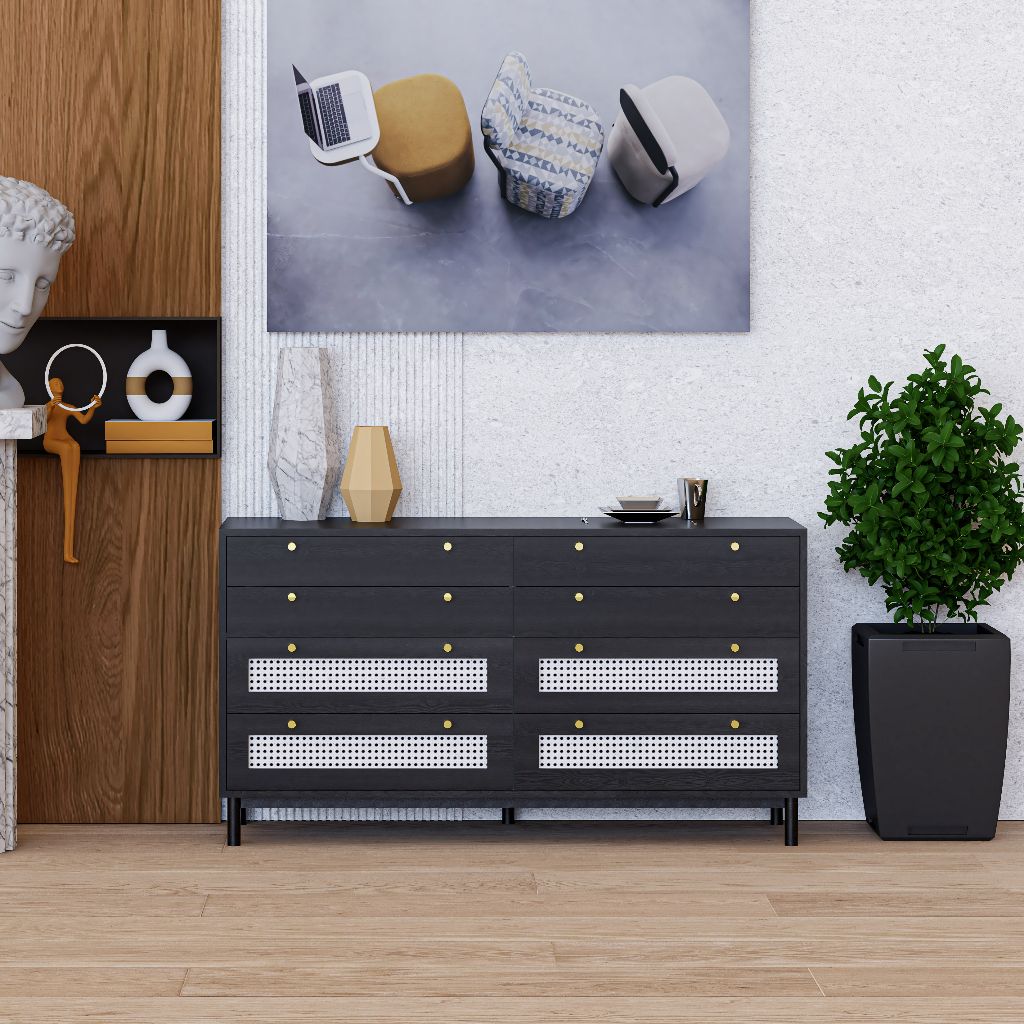 HAPPY FURNITURE , Tủ đựng đồ 8 ngăn kéo chân sắt - ROTAN , THK_129 , 140cm x 45cm x 76cm