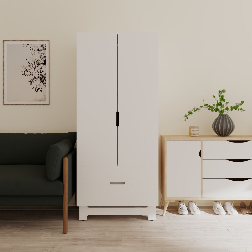 HAPPY FURNITURE , Tủ quần áo 2 cánh mở 2 ngăn kéo - MOLLY , TCM_106 , 76cm x 54cm x 176cm