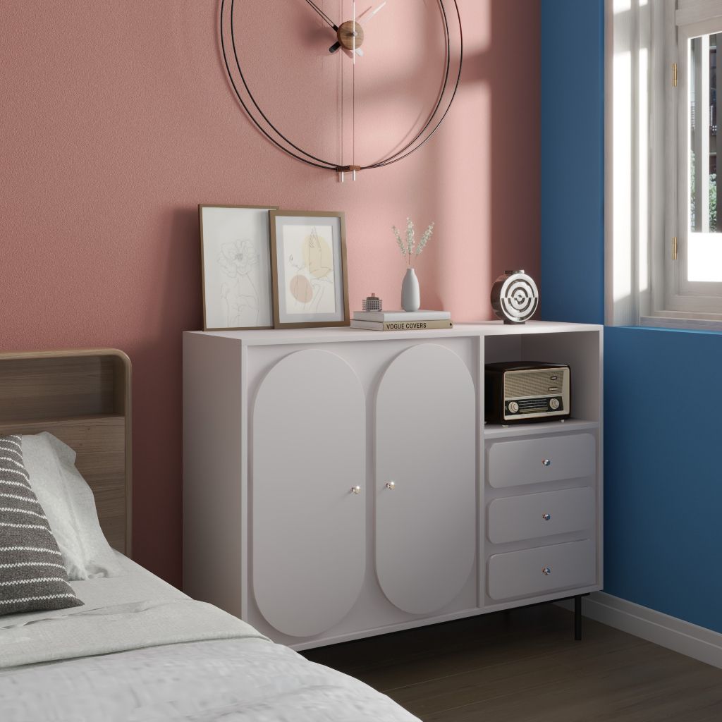 HAPPY FURNITURE , Tủ đựng đồ 2 cửa mở 3 ngăn kéo chân sắt - SWEETY , TCM_063 , 128cm x 40cm x 100cm