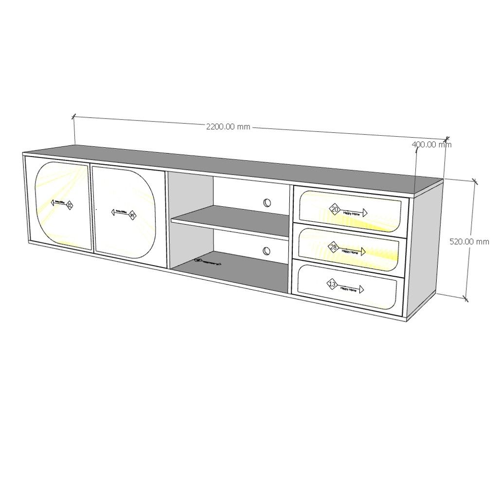 HAPPY FURNITURE , Kệ TV 2 cửa mở - BANA , KTV_031 , 220cm x 40cm x 52cm
