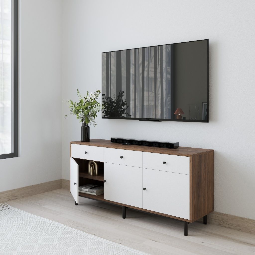 HAPPY FURNITURE , Kệ TV 3 cánh mở 3 ngăn kéo - LIVIK, KTV_083 , 140cm x 40cm x 65cm DxRxC