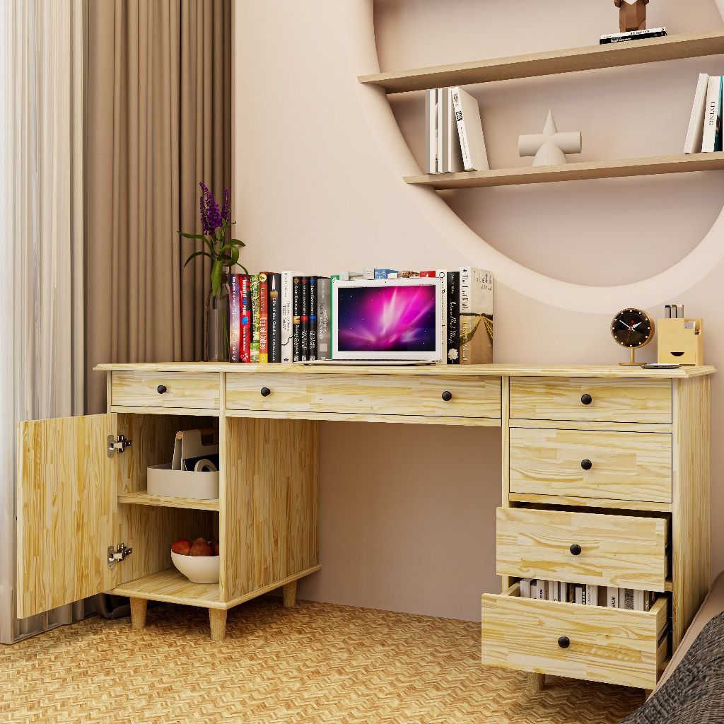 HAPPY FURNITURE , Gỗ tự nhiên , Bàn làm việc 6 ngăn kéo - FARAH , BAN_097 , 160cm x 55cm x 75cm