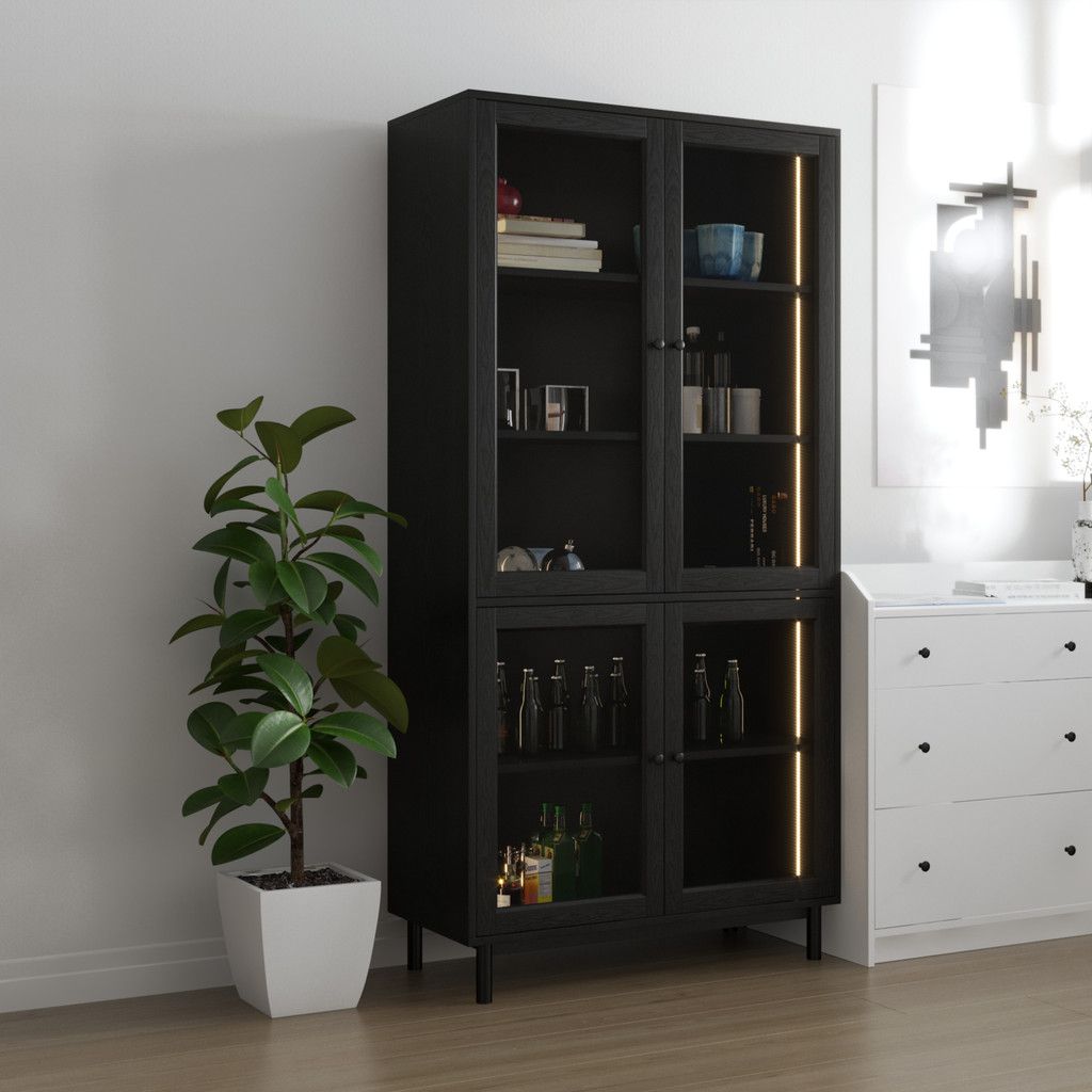 HAPPY FURNITURE , Kệ sách 5 tầng cửa kính đèn Led chân sắt - CATY , KSA_020_LED , 90cm x 39cm x 180cm