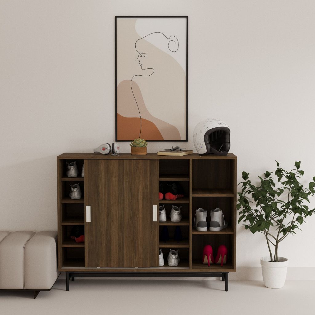 HAPPY FURNITURE , Tủ giày 2 cửa lùa chân sắt - LILY , TCL_021 , 128cm x 36cm x 98cm