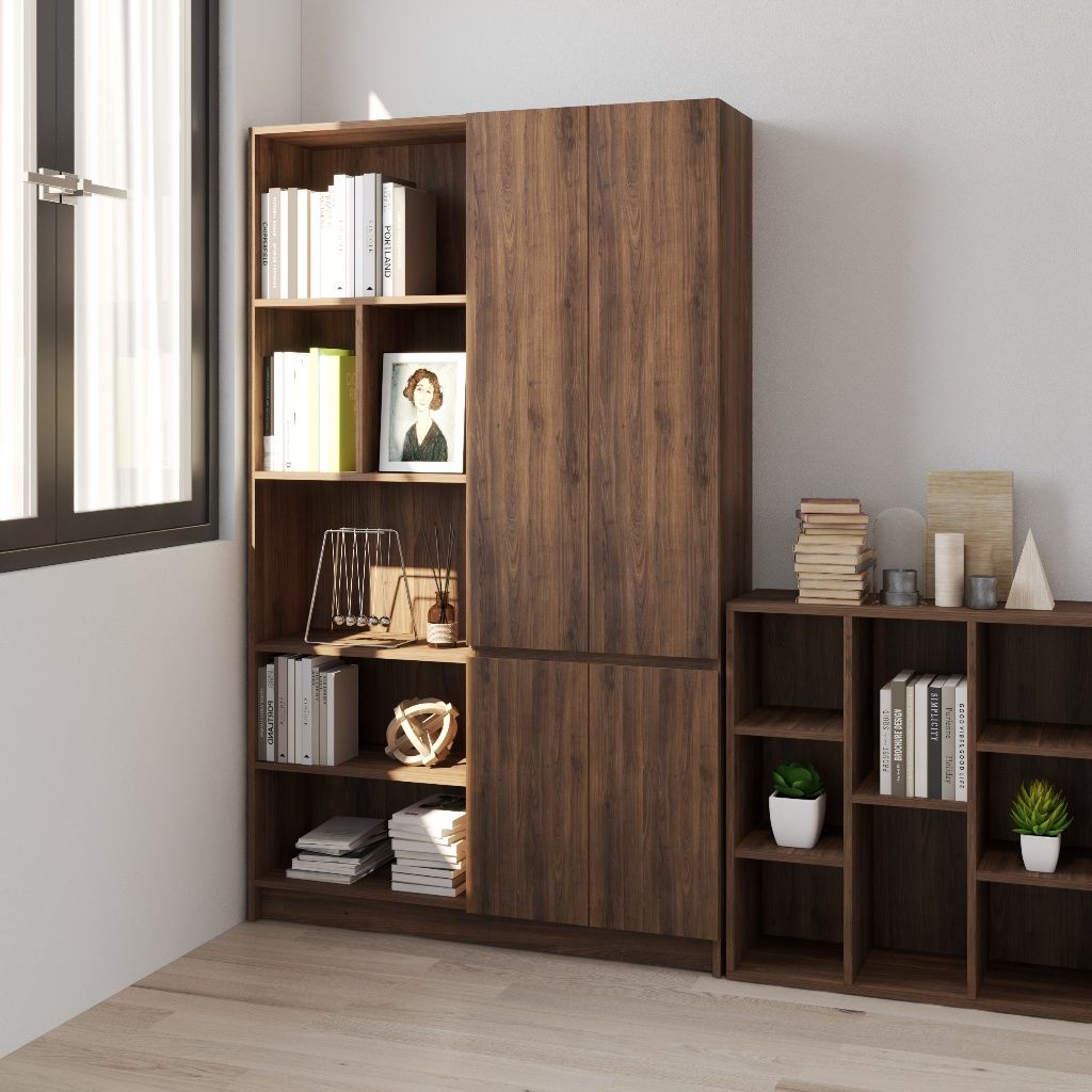 HAPPY FURNITURE , Kệ sách 4 cửa mở - CATY, KSA_085 , 110cm x 28cm x 180cm DxRxC
