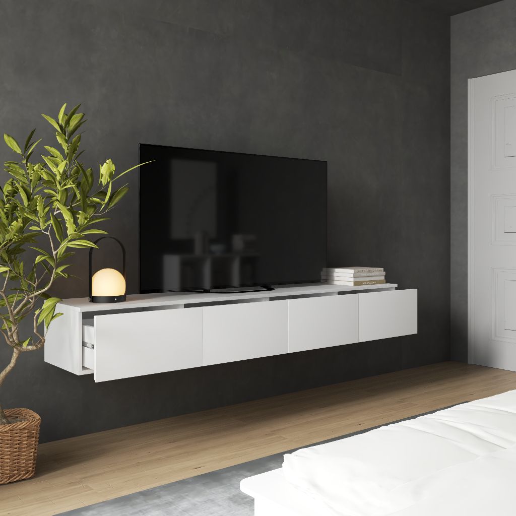 HAPPY FURNITURE , Kệ tv 4 ngăn kéo treo tường - OLA , KTV_023 , 200cm x 40cm x 28cm