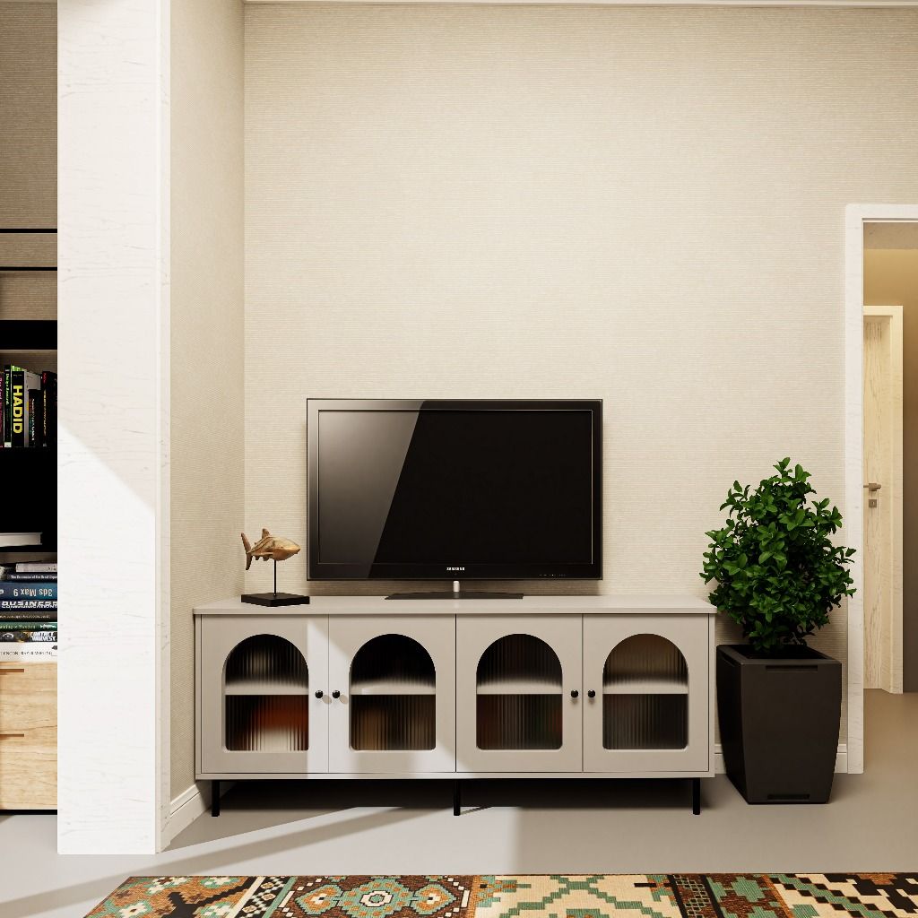 HAPPY FURNITURE , Kệ TV 4 cánh mở chân sắt - SISEEL , KTV_051 , 160cm x 40cm x 64cm