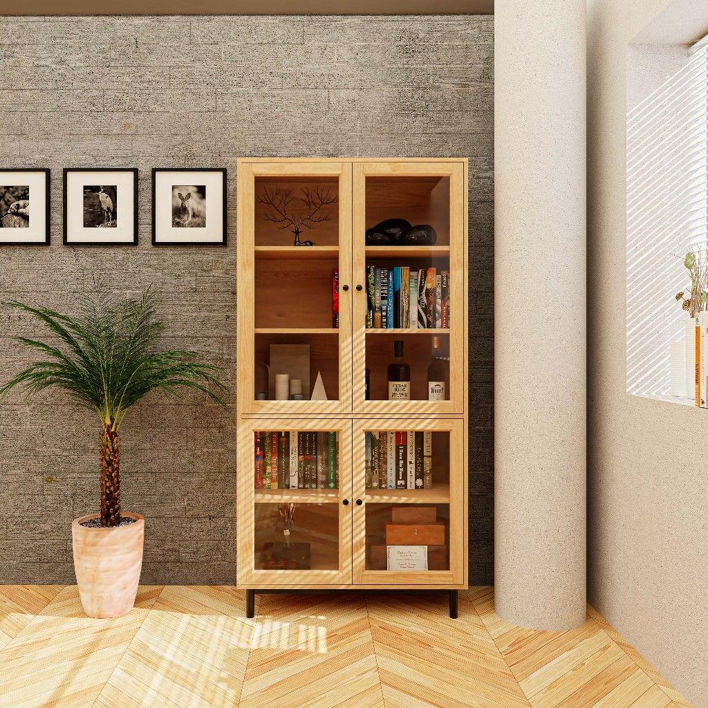 HAPPY FURNITURE , Kệ sách 5 tầng cửa kính chân sắt - CATY , KSA_020 , 90cm x 39cm x 180cm