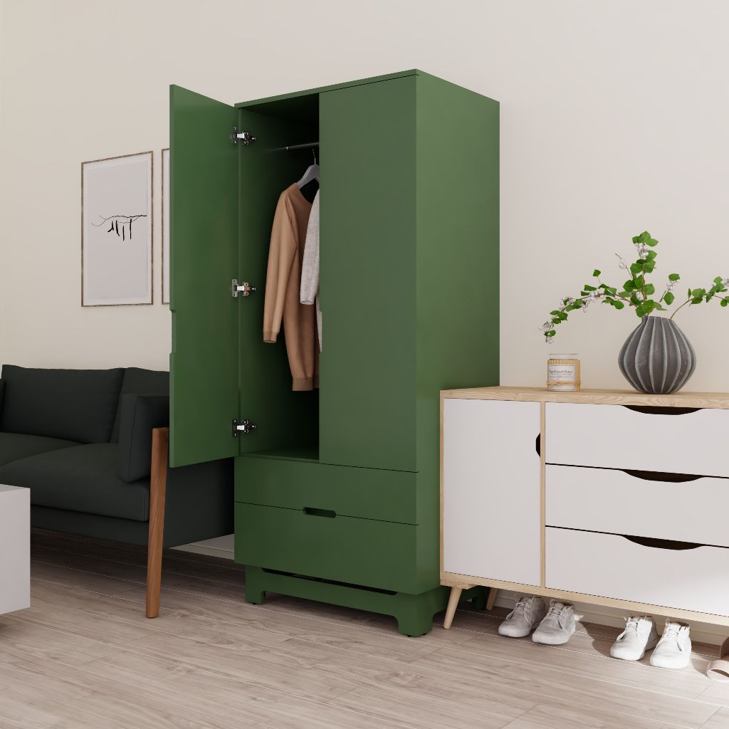 HAPPY FURNITURE , Tủ quần áo 2 cánh mở 2 ngăn kéo - MOLLY , TCM_106 , 76cm x 54cm x 176cm