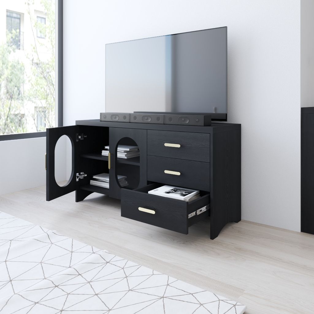 HAPPY FURNITURE , Kệ TV 2 cửa kính 3 ngăn kéo - CHEVY, KTV_077 , 120cm x 40cm x 64cm DxRxC