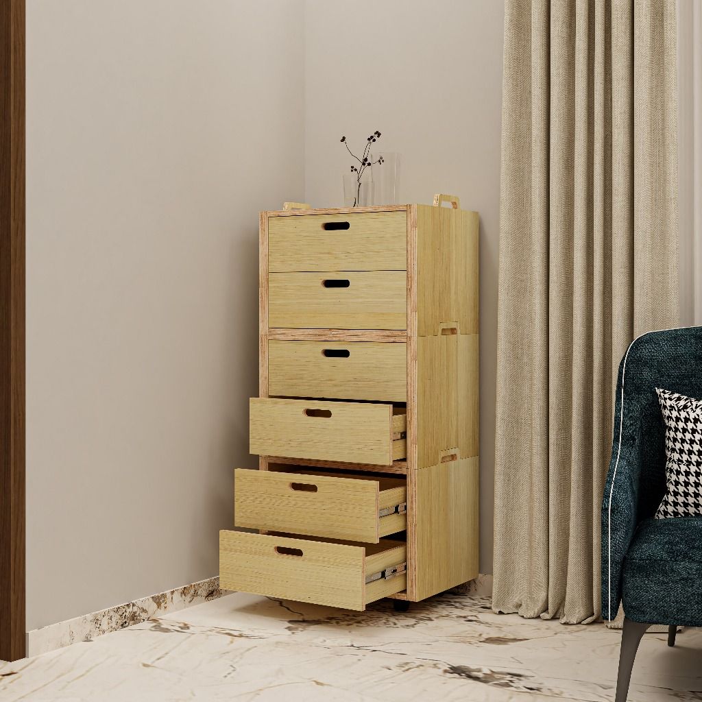 HAPPY FURNITURE , Gỗ tự nhiên , Tủ lưu trữ 6 ngăn kéo gỗ Plywood - GAMOR , THK_205 , 60cm x 40cm x 130cm DxRxC