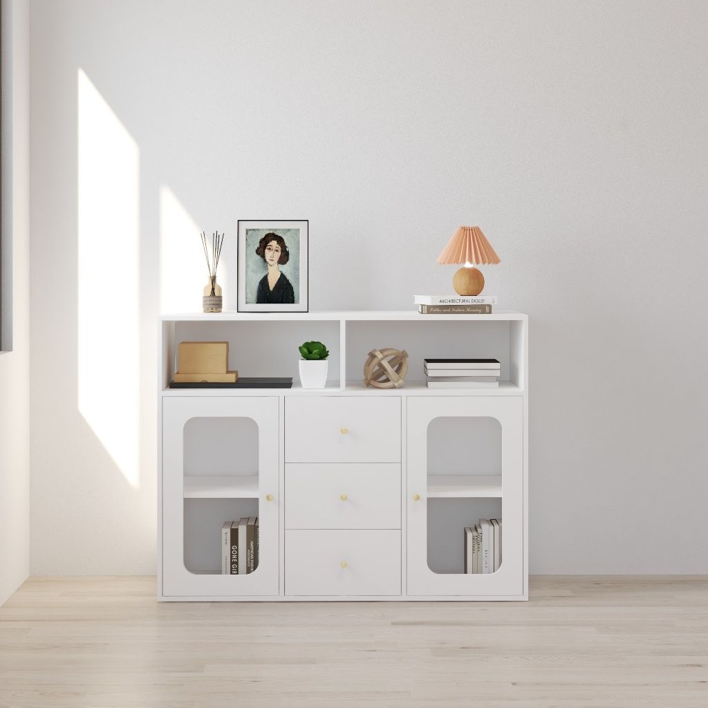 HAPPY FURNITURE , Tủ lưu trữ 2 cửa kính 3 ngăn kéo - NOAH , TLT_065 , 130cm x 45cm x 100cm DxRxC