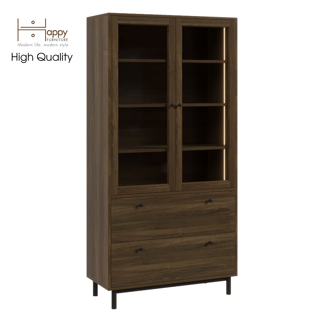 HAPPY FURNITURE , Kệ sách cửa kính 2 ngăn kéo đèn LED chân sắt - CATY , KSA_019_LED , 90cm x 39cm x 180cm