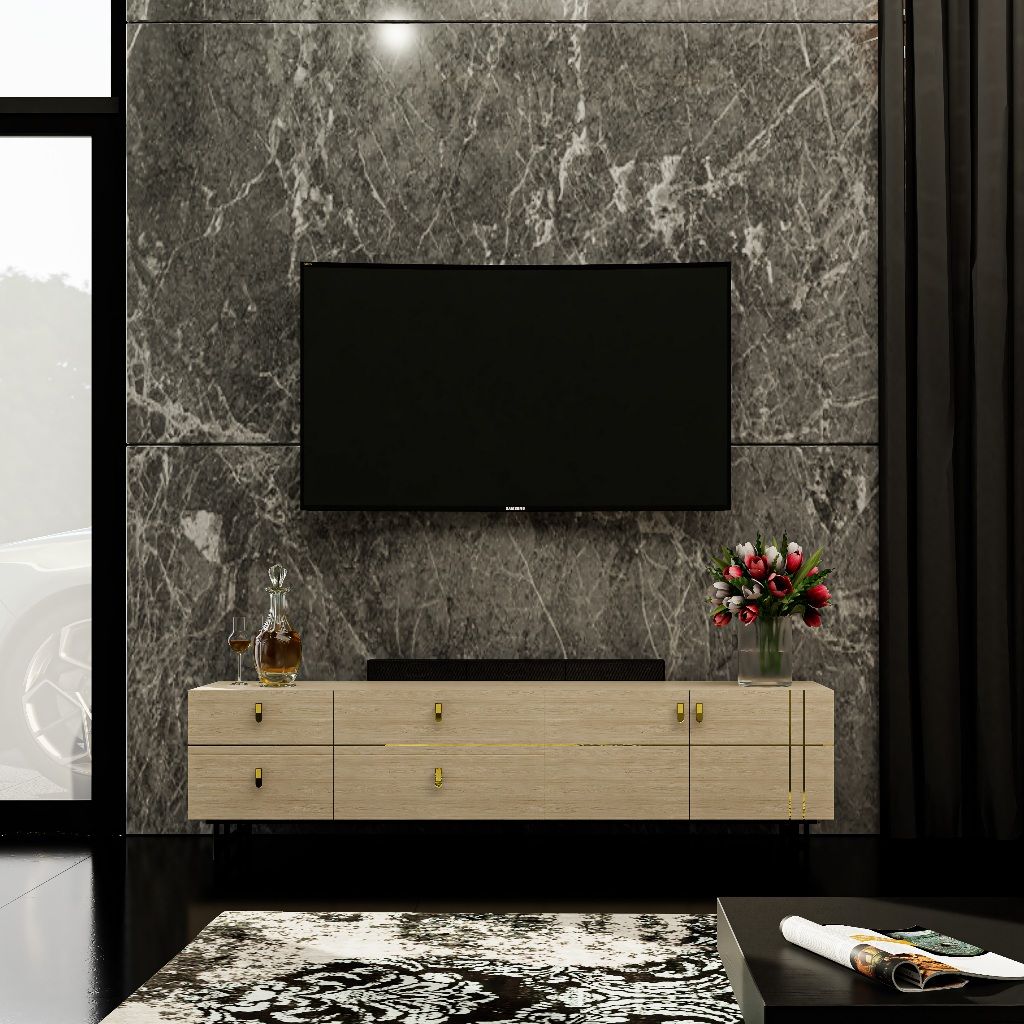 HAPPY FURNITURE , Gỗ tự nhiên , Kệ TV 4 ngăn kéo chân sắt - JOCASTA , KTV_050 , 180cm x 40cm x 48cm