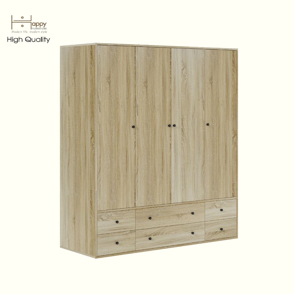 HAPPY FURNITURE , ZACY - Tủ quần áo 4 cửa mở 6 ngăn kéo, TCM_209 , 160cm x 59cm x 180cm DxRxC, Sản phẩm phổ thông