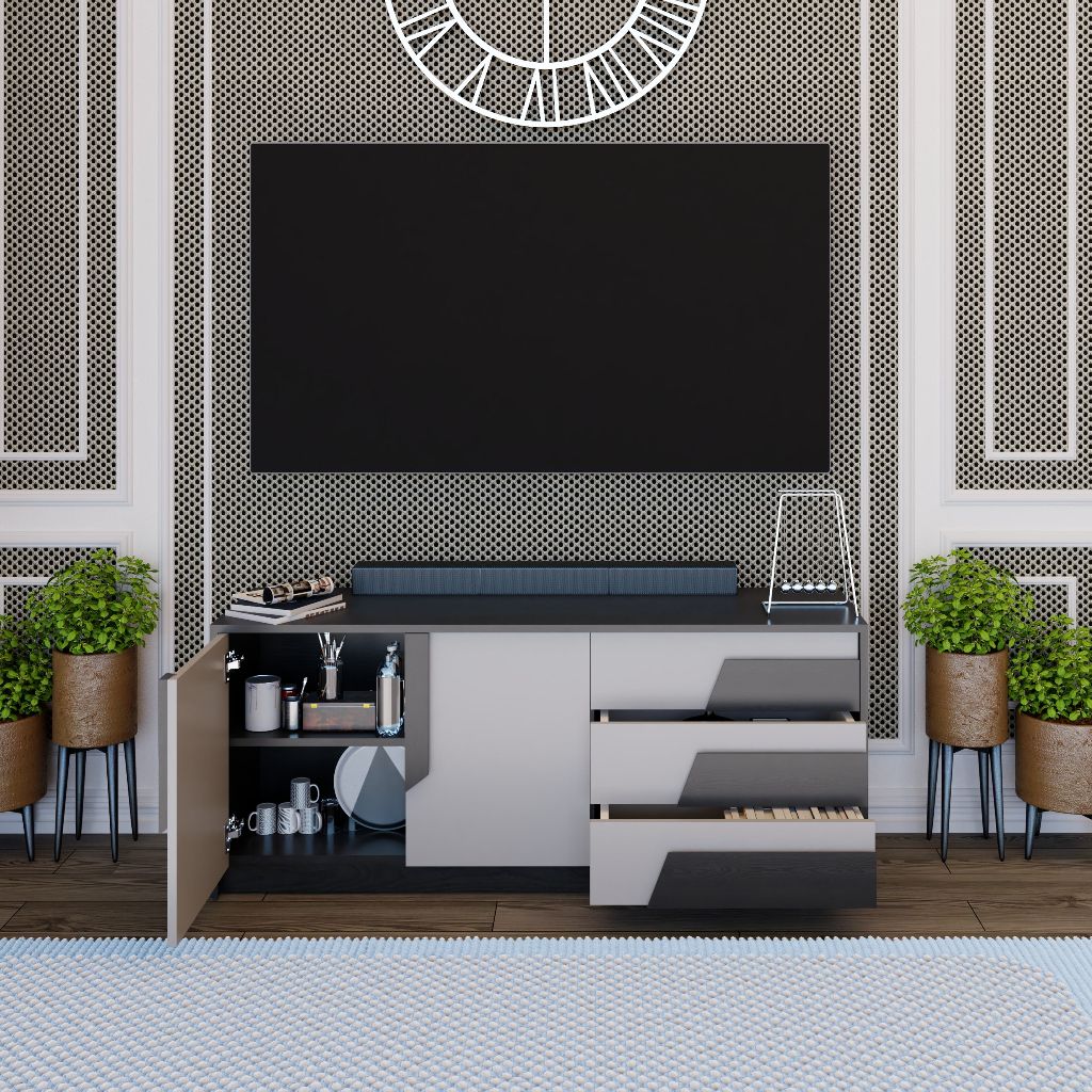 HAPPY FURNITURE , Kệ TV 3 ngăn kéo - PONIX , KTV_027 , 140cm x 40cm x 58cm