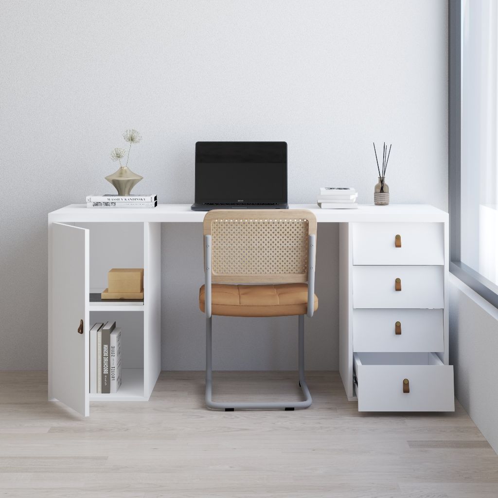 HAPPY FURNITURE , Bàn làm việc 1 cửa mở 4 ngăn kéo - CALYN , BAN_154 , 160cm x 55cm x 75cm DxRxC