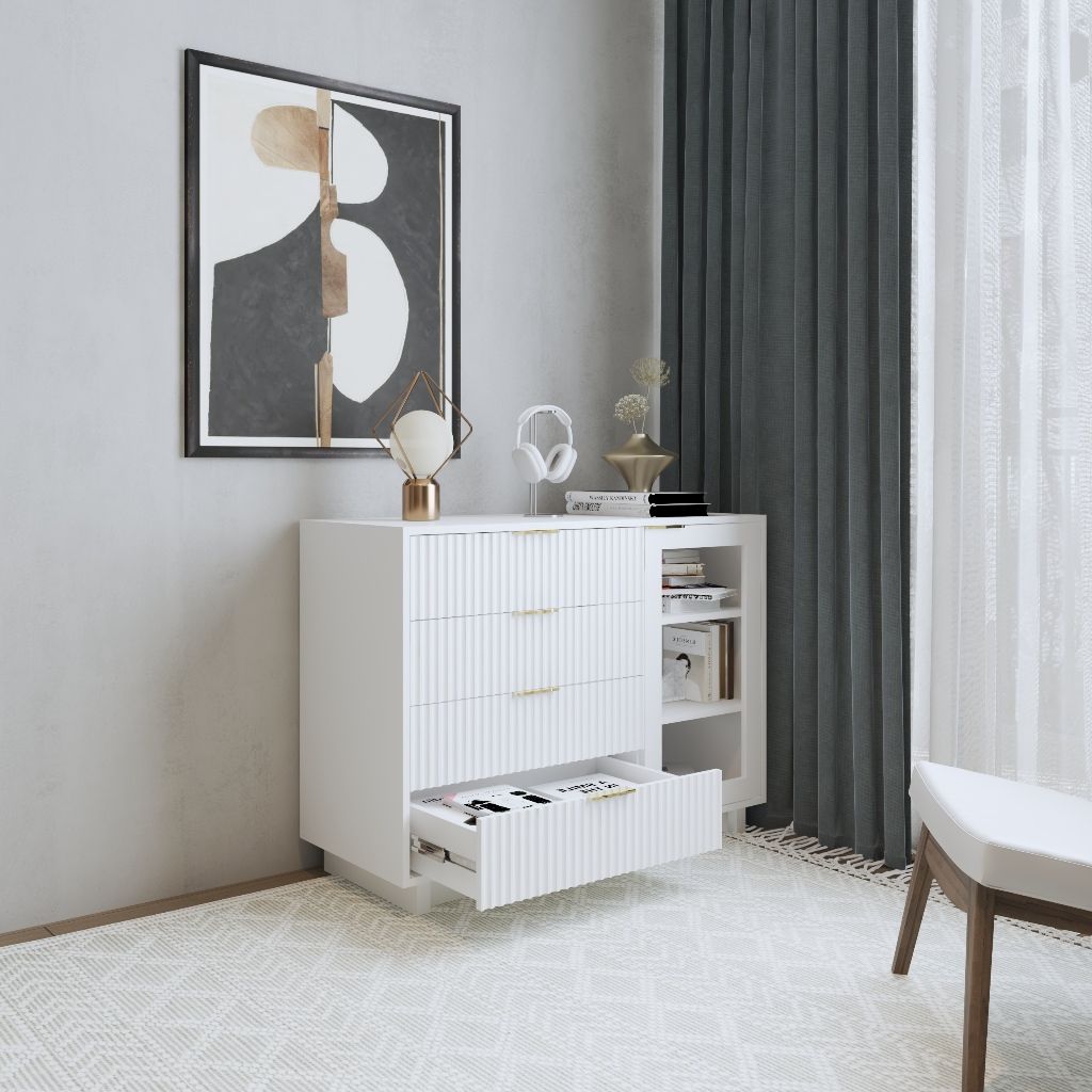 HAPPY FURNITURE , Tủ lưu trữ 4 ngăn kéo 1 cửa kính - NAMI, TLT_040 , 110cm x 45cm x 82cm DxRxC
