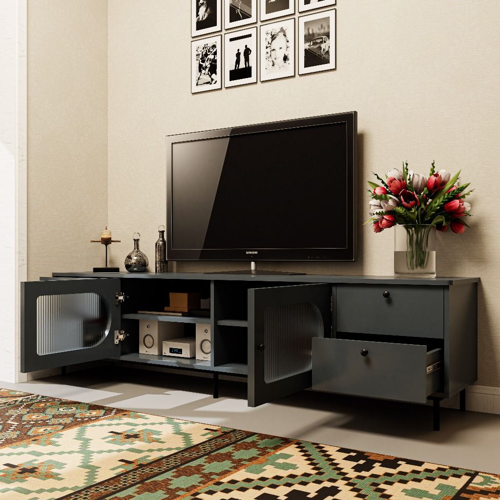 HAPPY FURNITURE , Kệ TV 2 cánh mở 4 ngăn kéo chân sắt - SISEEL , KTV_052 , 200cm x 40cm x 52cm
