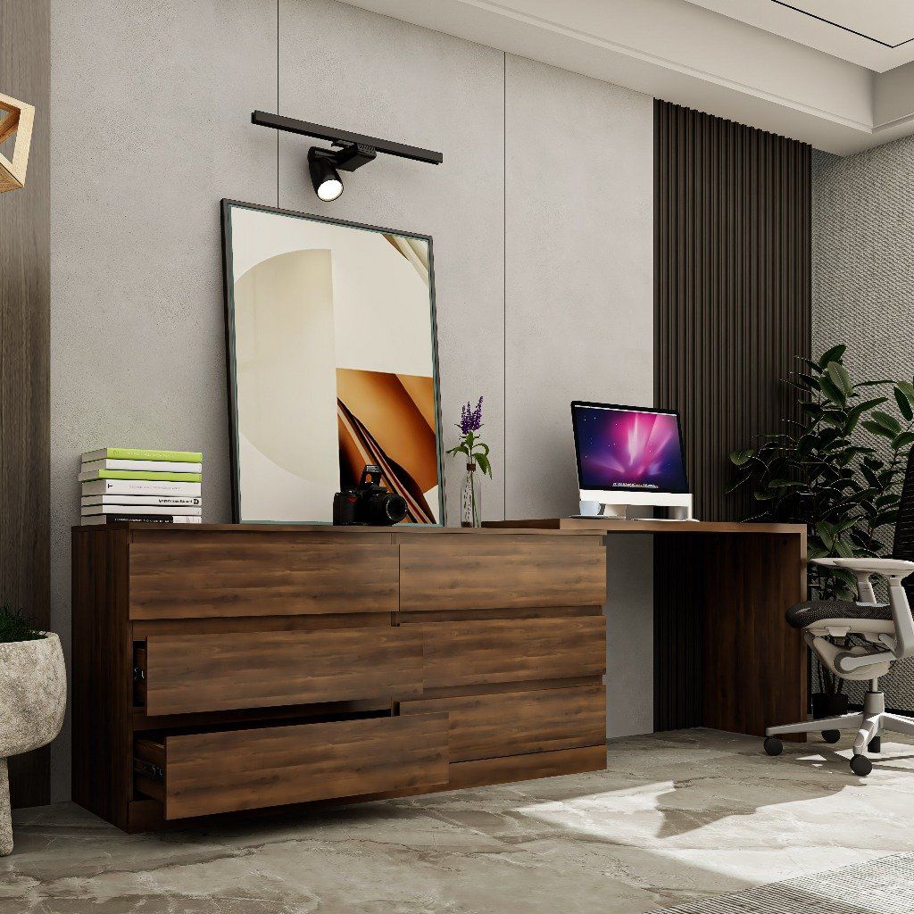 HAPPY FURNITURE , Tủ lưu trữ 6 ngăn kéo kết hợp bàn - VENNI , BAN_119 , 260cm x 48cm x 81cm DxRxC