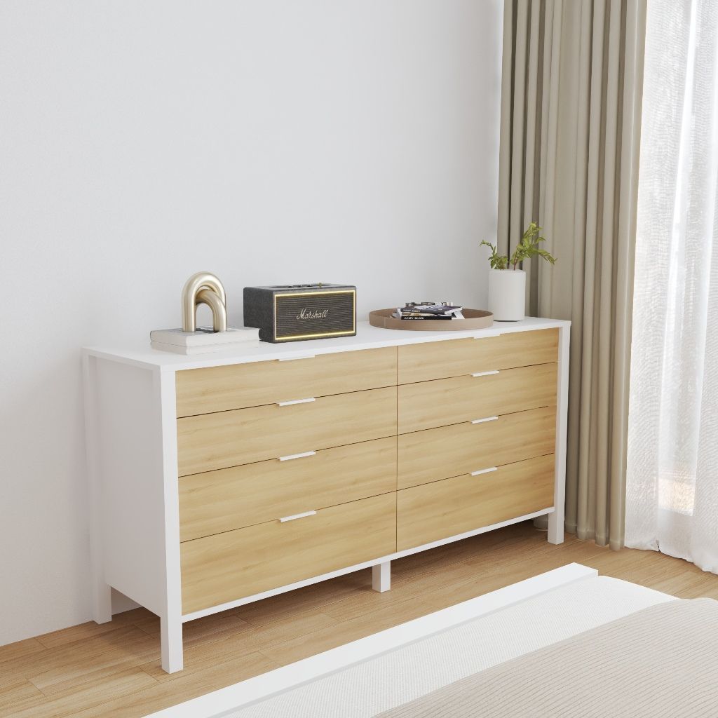 HAPPY FURNITURE , Tủ lưu trữ 8 ngăn kéo - MOKA, THK_249 , 160cm x 45cm x 80cm DxRxC