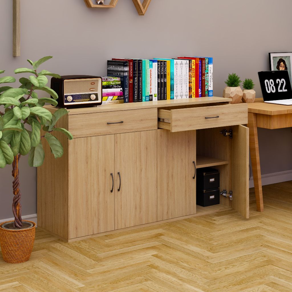 HAPPY FURNITURE , Tủ lưu trữ 4 cửa mở 2 ngăn kéo - LILY , TCM_087 , 130cm x 37cm x 75cm