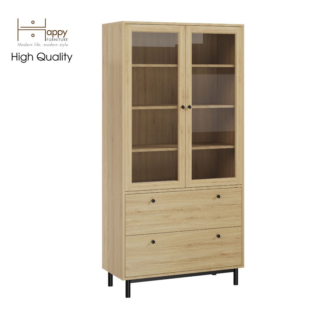 HAPPY FURNITURE , Kệ sách 6 tầng cửa kính 2 ngăn kéo chân sắt - CATY , KSA_019 , 90cm x 39cm x 180cm
