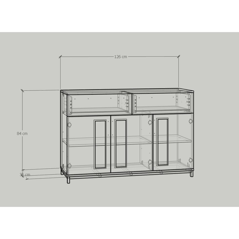 HAPPY FURNITURE , Tủ lưu trữ 2 ngăn kéo 3 cửa mở chân sắt - LOUIS , THK_059 , 126cm x 36cm x 84cm