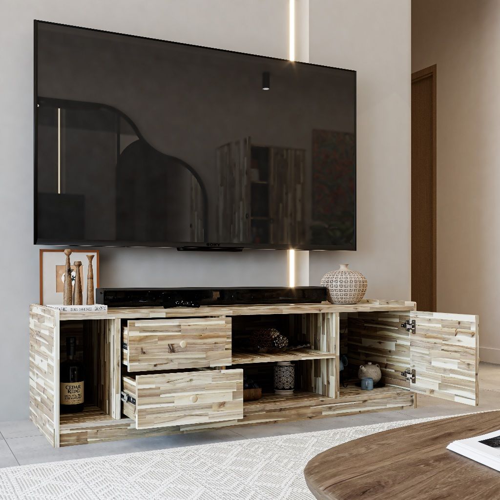 HAPPY FURNITURE , Gỗ tự nhiên , Kệ TV 2 ngăn kéo - GAMZE , KTV_059 , 160cm x 54cm x 48cm