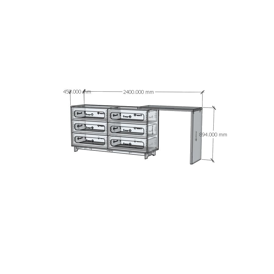 HAPPY FURNITURE , Tủ lưu trữ 6 ngăn kéo mây đan kết hợp bàn - VENNI , BAN_117 , 240cm x 45cm x 89cm DxRxC