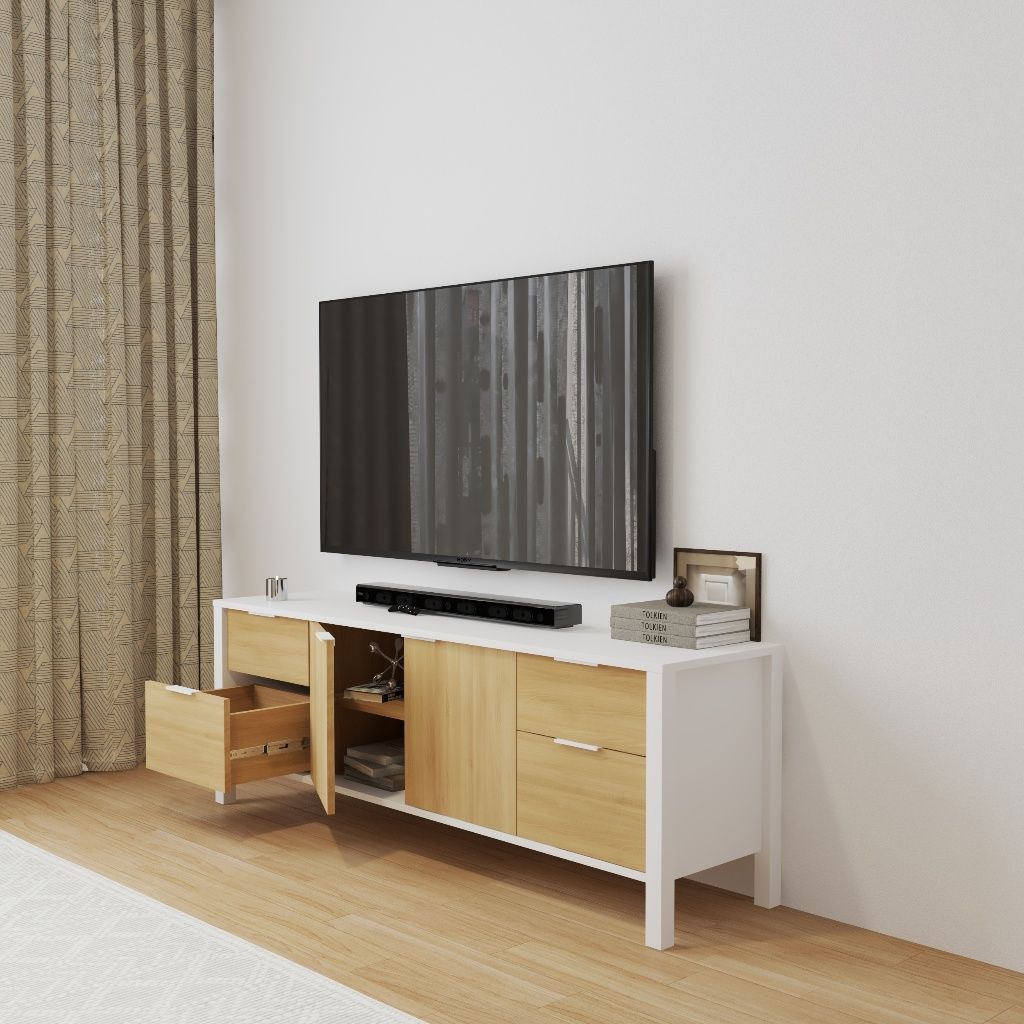HAPPY FURNITURE , Kệ TV 2 cửa mở 4 ngăn kéo - MOKA, KTV_075 , 160cm x 40cm x 56cm DxRxC