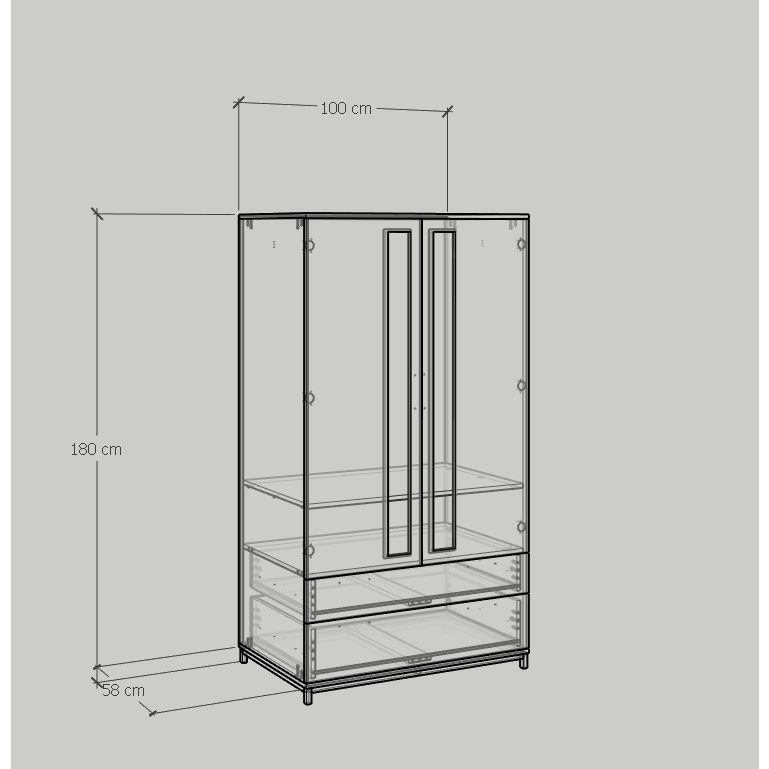 HAPPY FURNITURE , Tủ quần áo 2 ngăn kéo 2 cửa mở chân sắt - LOUIS , TCM_033 , 100cm x 58cm x 180cm