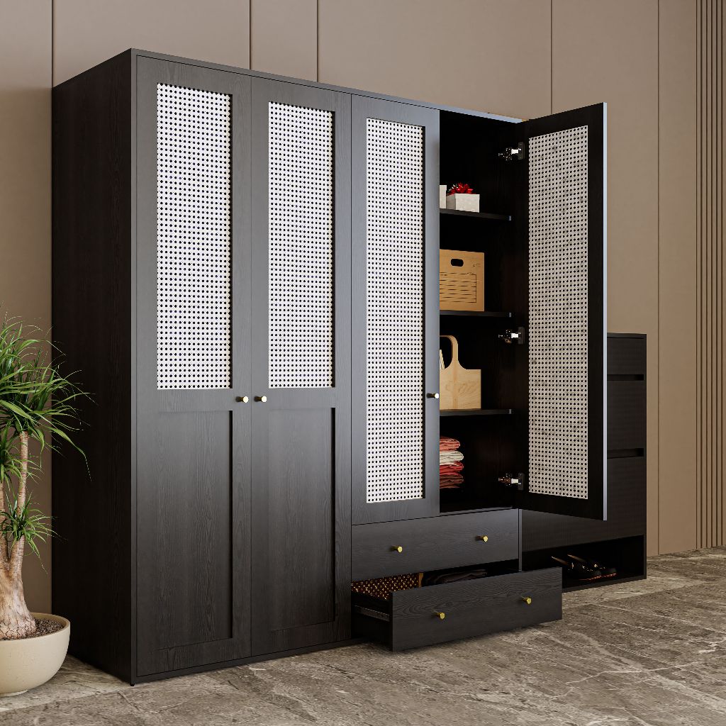HAPPY FURNITURE , Tủ quần áo 4 cửa mở - ROTAN , TCM_137 , 160x54x180cm