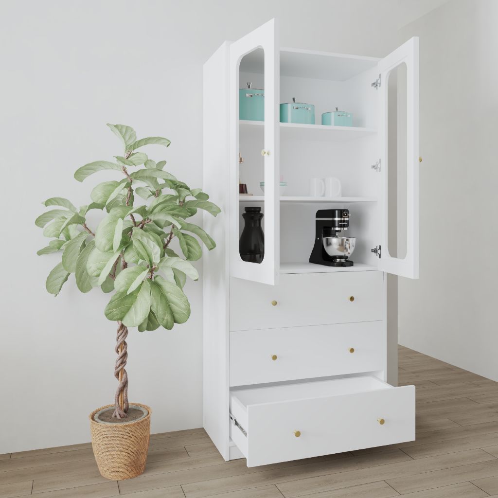 HAPPY FURNITURE , Tủ lưu trữ 2 cửa kính 3 ngăn kéo - NOAH , TCM_270 , 80cm x 40cm x 180cm DxRxC