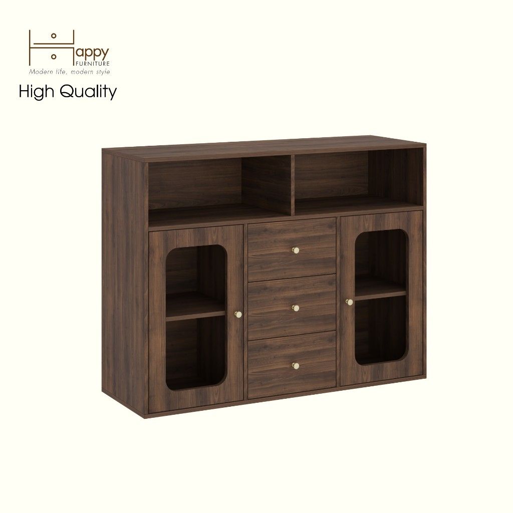 HAPPY FURNITURE , Tủ lưu trữ 2 cửa kính 3 ngăn kéo - NOAH , TLT_065 , 130cm x 45cm x 100cm DxRxC