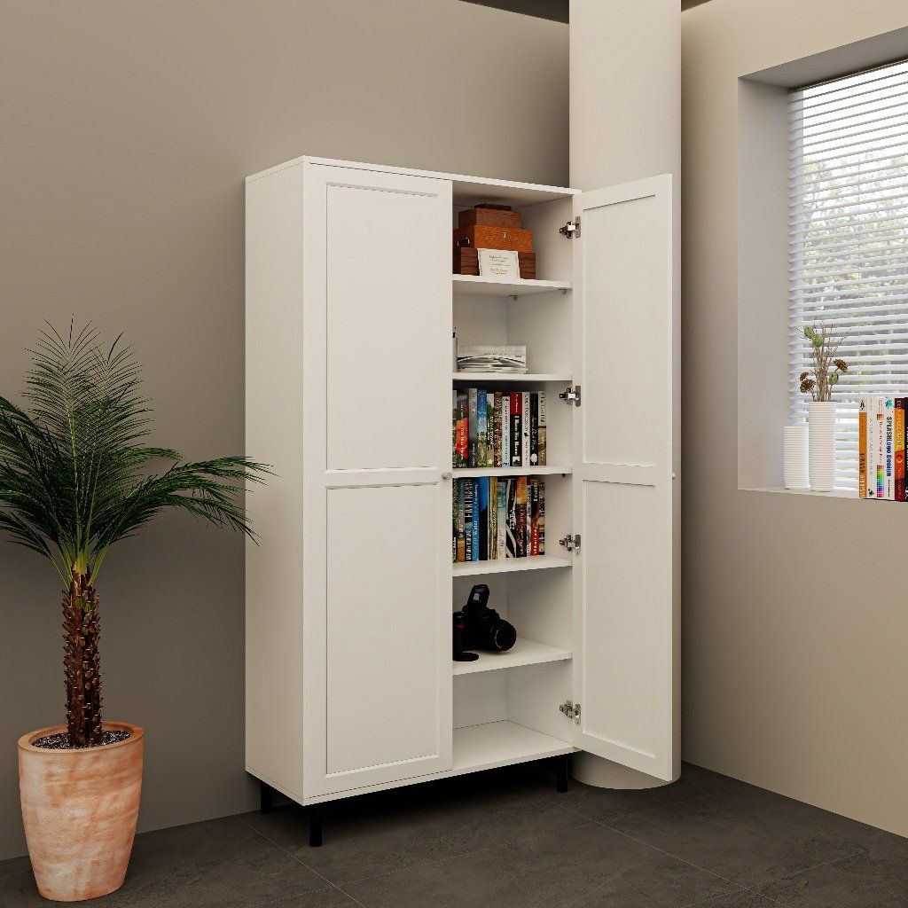 HAPPY FURNITURE , Kệ sách 6 tầng 2 cửa mở chân sắt - CATY , KSA_056 , 90cm x 39cm x 180cm