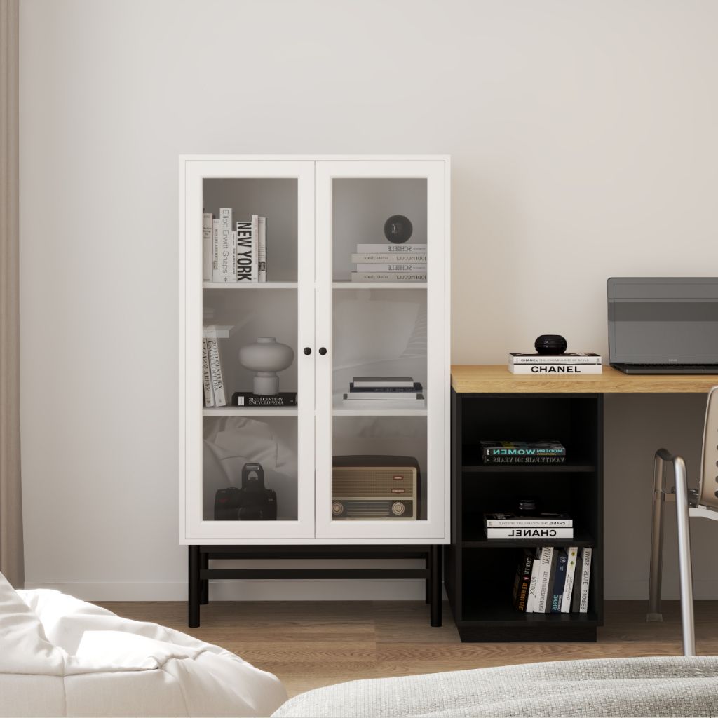 HAPPY FURNITURE , Kệ sách 3 tầng cửa kính chân sắt - CATY , KSA_023 , 80cm x 39cm x 140cm