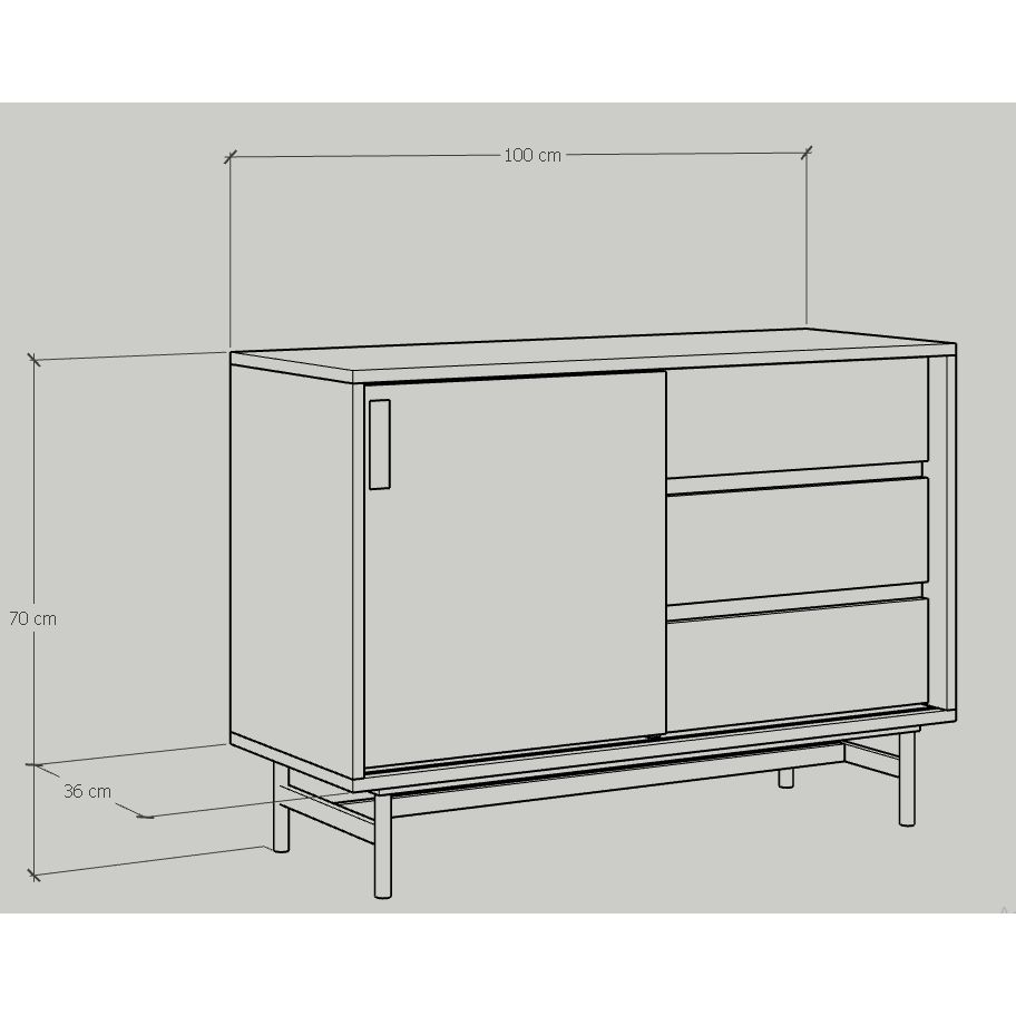 HAPPY FURNITURE , Tủ lưu trữ cánh lùa 3 ngăn kéo Chân sắt - LUCA , TCL_019, 100cm x 36cm x 70cm