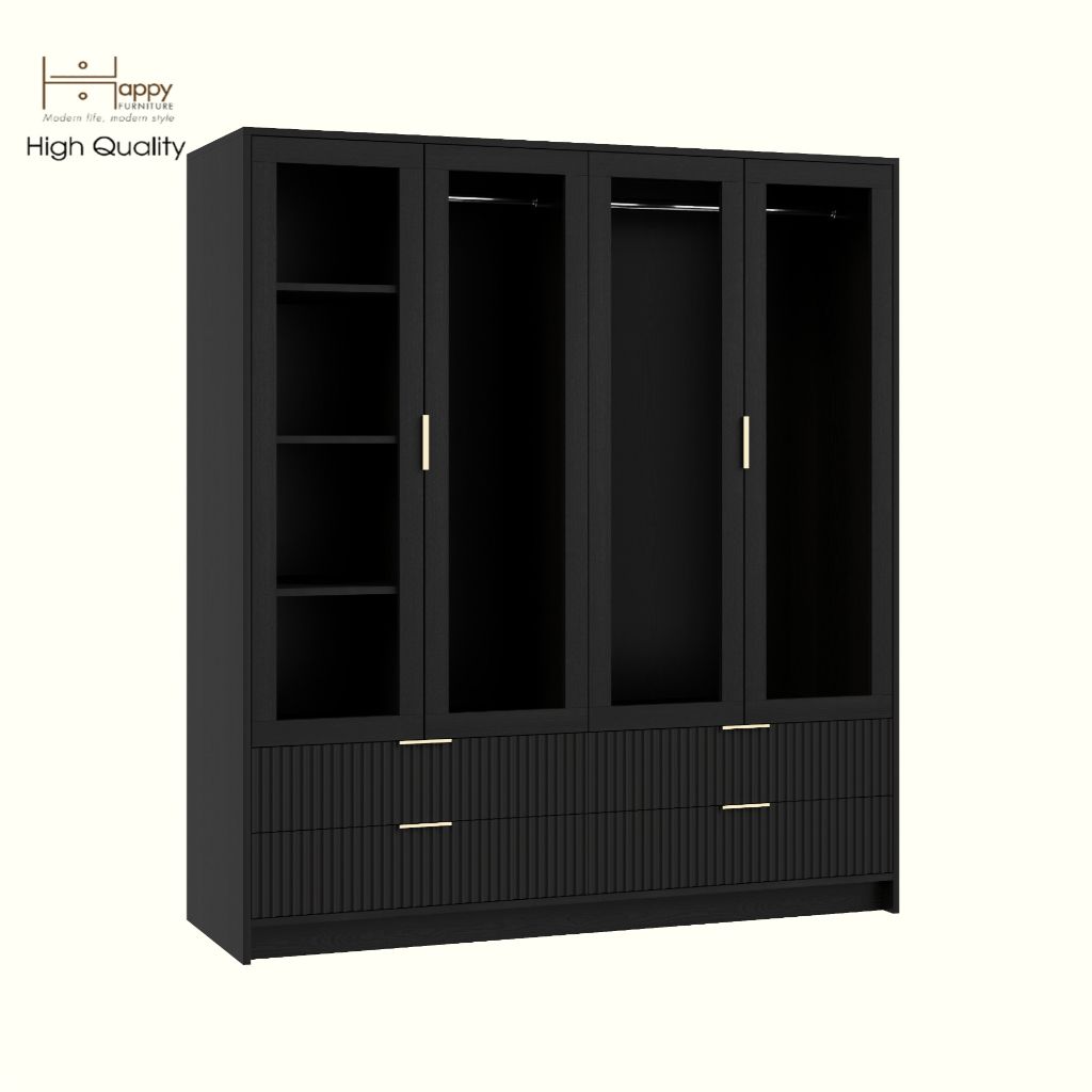 HAPPY FURNITURE , Tủ quần áo 4 cửa kính 4 ngăn kéo - NAMI, TCM_220 , 160cm x 54cm x 180cm DxRxC