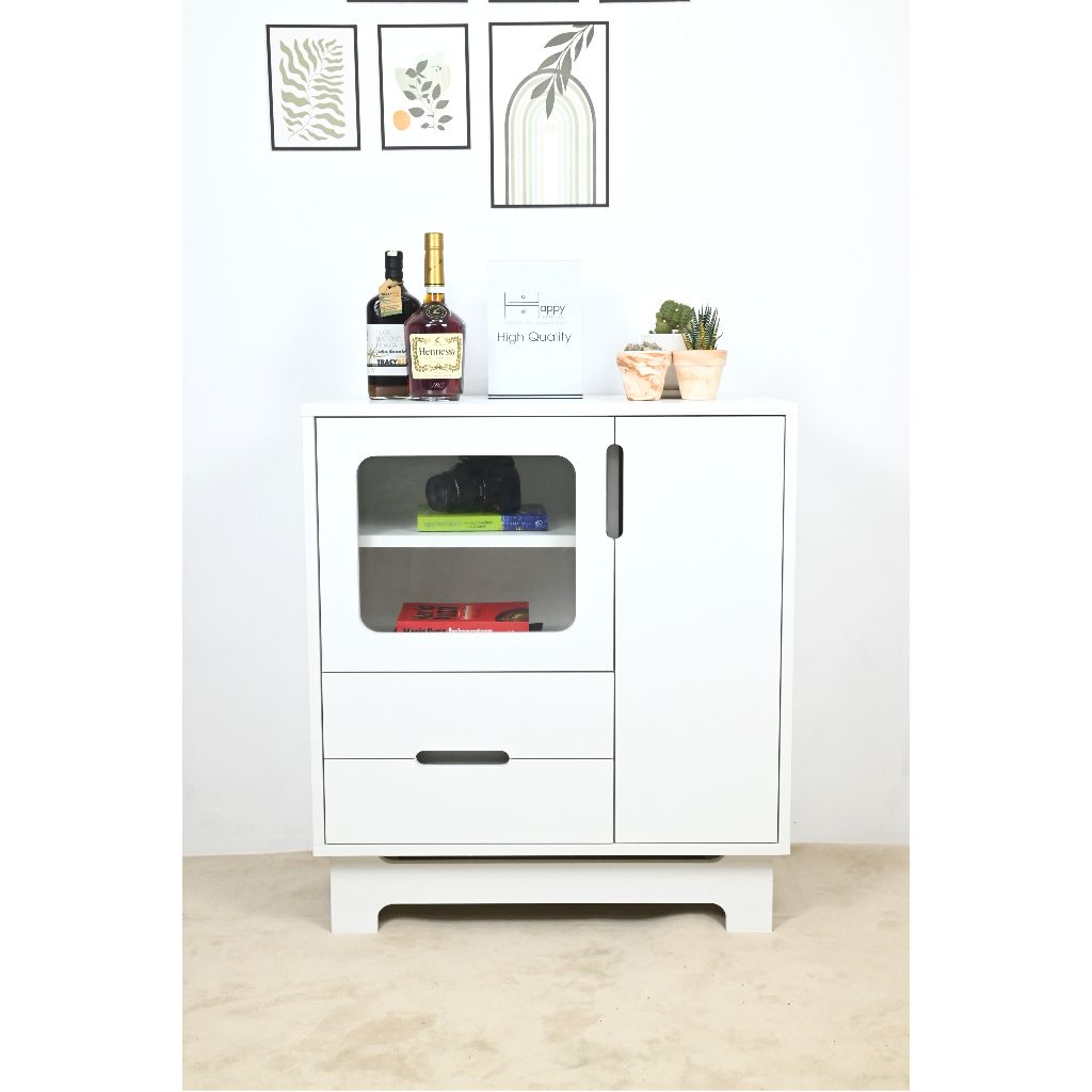 HAPPY FURNITURE , Tủ lưu trữ cửa kính 2 cánh mở 2 ngăn kéo - MOLLY , TCM_110 , 72cm x 40cm x 82cm