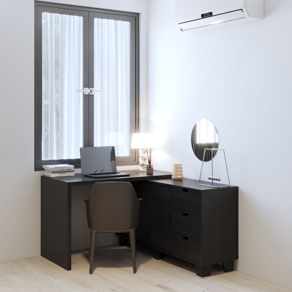 HAPPY FURNITURE , ALVA - Bàn làm việc 2 cửa lùa 3 ngăn kéo, BAN_127 , 140cm x 59cm x 72cm DxRxC