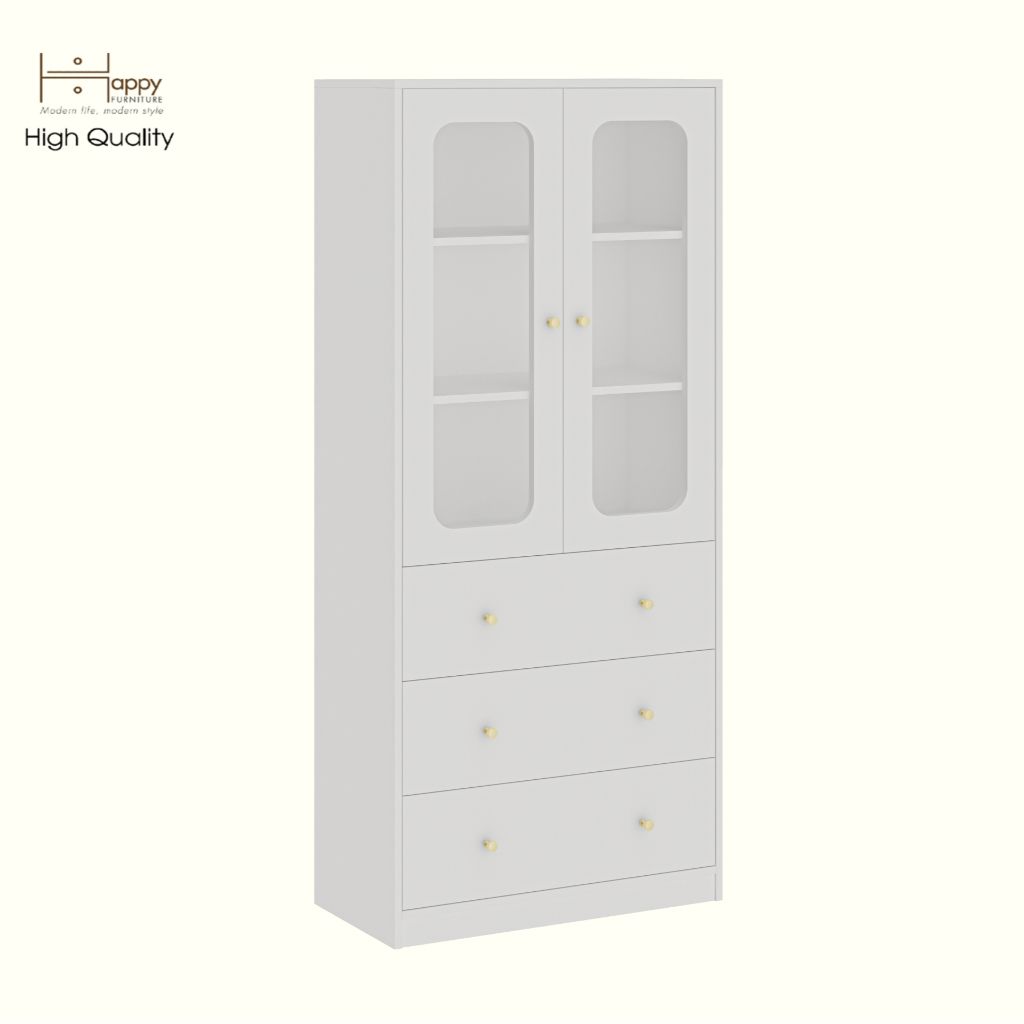 HAPPY FURNITURE , Tủ lưu trữ 2 cửa kính 3 ngăn kéo - NOAH , TCM_270 , 80cm x 40cm x 180cm DxRxC