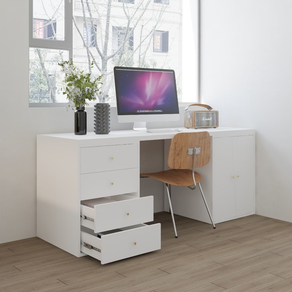 HAPPY FURNITURE , Bàn làm việc 4 ngăn kéo 2 cửa mở - DALEY , BAN_156 , 180cm x 59cm x 75cm DxRxC