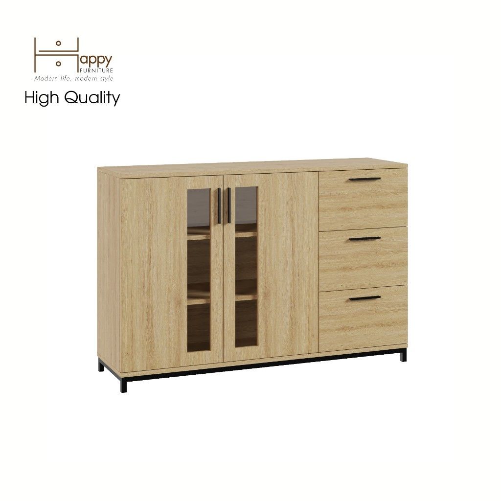 HAPPY FURNITURE , Tủ lưu trữ 3 ngăn kéo 2 cửa mở chân sắt - LOUIS , THK_058 , 126cm x 36cm x 84cm